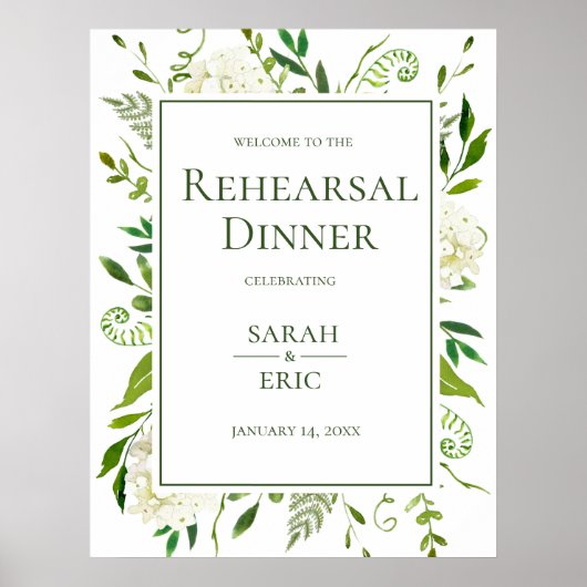 White Hydrangeas Floral Rehearings Dinner Sign Poster (Voorkant)