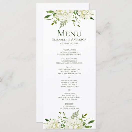 White Hydrangeas Floral Waterverf Wedding Menu (Voorkant / Achterkant)