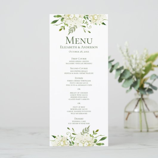 White Hydrangeas Floral Waterverf Wedding Menu (Staand voorkant)