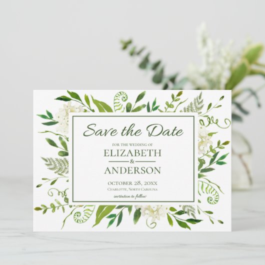 White Hydrangeas Floral Waterverf Wedding Save The Date (Staand voorkant)