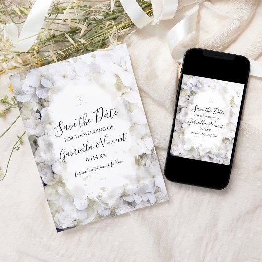White Hydrangeas Waterverf Wedding Save the Date