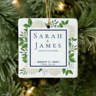 White Hydrangeas Waterverf Wedding Save the Date Keramisch Ornament