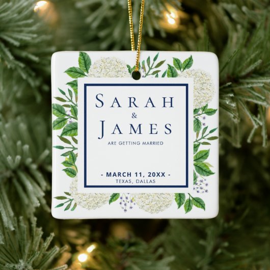 White Hydrangeas Waterverf Wedding Save the Date Keramisch Ornament (Boom)