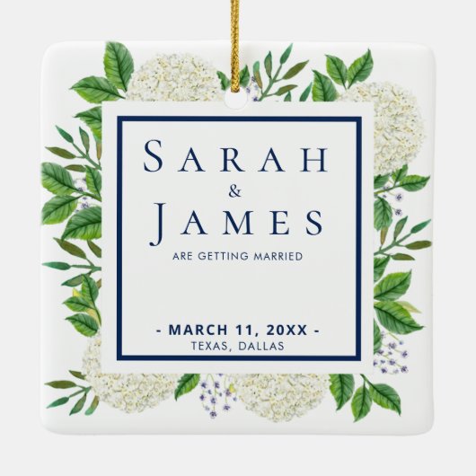 White Hydrangeas Waterverf Wedding Save the Date Keramisch Ornament (Achterkant)