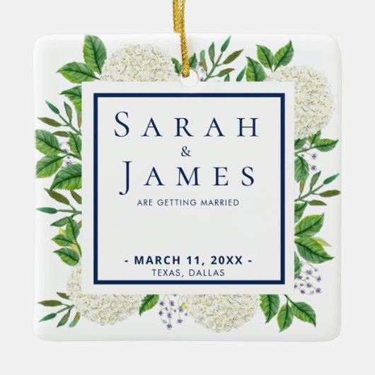 White Hydrangeas Waterverf Wedding Save the Date Keramisch Ornament (Voorkant)