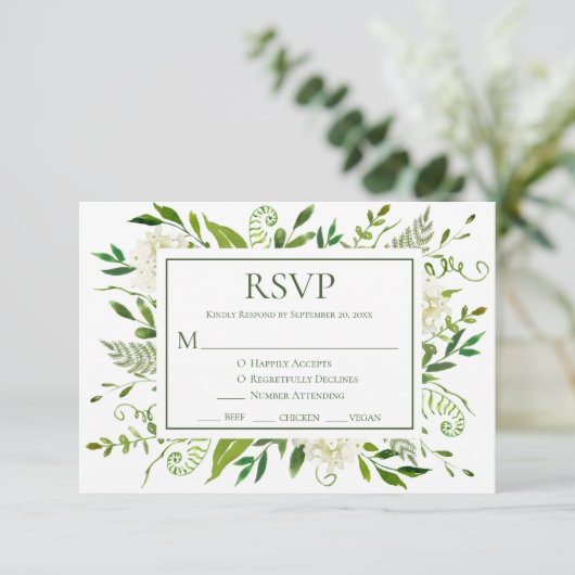 White Hydrangeas Wedding RSVP Kaartje (Staand voorkant)