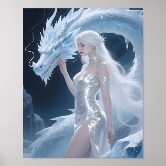 White Ice Dragon Queen Fantasy Silver Blue Poster (Voorkant)