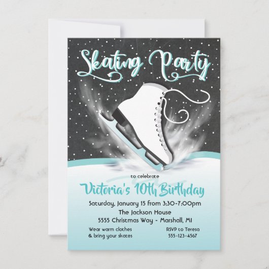White Ice Skating Birthday Party Sneeuwuitnodiging Kaart (Voorkant)