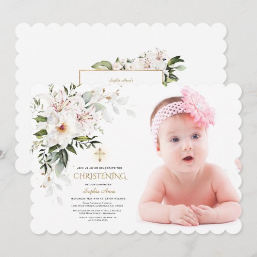 White Imperial Lily Roos Foto Girl Christening Kaart (Voorkant / Achterkant)