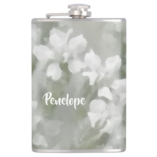 White Impressionist Botanical Art met naam Heupfles (Voorkant)