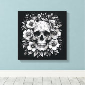 White Ink Floral Skull Gothic Wall Canvas (Insitu (Houten vloer))