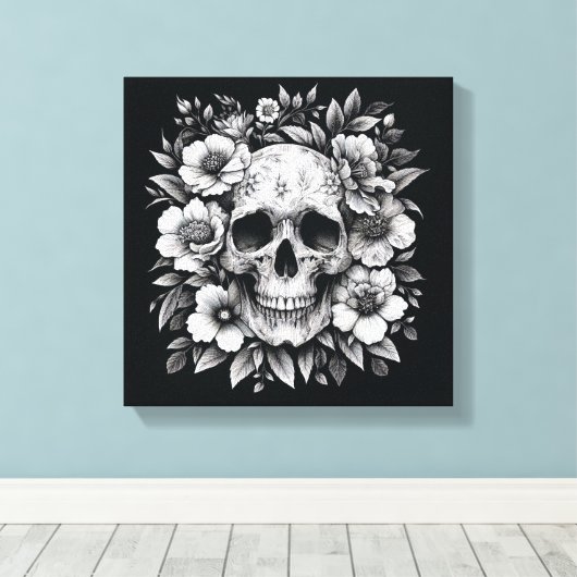 White Ink Floral Skull Gothic Wall Canvas (Insitu (Houten vloer))