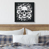 White Ink Floral Skull Gothic Wall Canvas (Insitu (Slaapkamer))