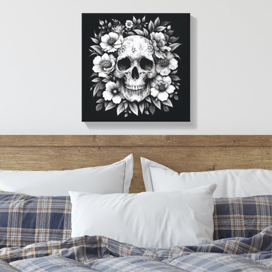 White Ink Floral Skull Gothic Wall Canvas (Insitu (Slaapkamer))