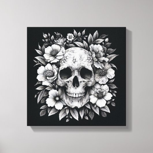 White Ink Floral Skull Gothic Wall Canvas (Voorkant)