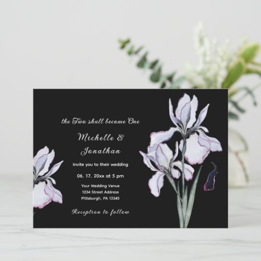 White Iris Floral op Black Christelijk Wedding Kaart (Staand voorkant)