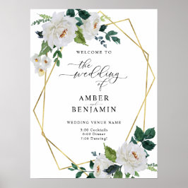 White Ivory Emerald Leaves Floral Wedding Welkom Poster