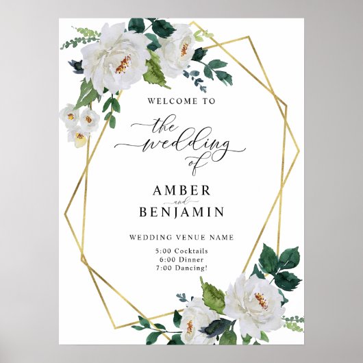 White Ivory Emerald Leaves Floral Wedding Welkom Poster (Voorkant)