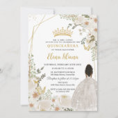 White Ivory Floral Brown Princess Gold Quinceanera Kaart (Voorkant)