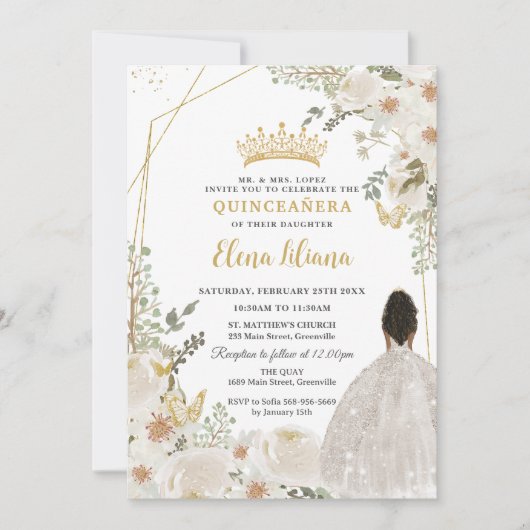 White Ivory Floral Brown Princess Gold Quinceanera Kaart (Voorkant)