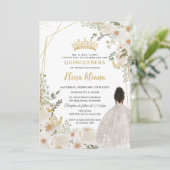 White Ivory Floral Brown Princess Gold Quinceanera Kaart (Staand voorkant)
