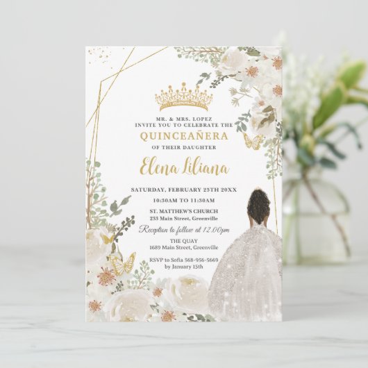 White Ivory Floral Brown Princess Gold Quinceanera Kaart (Staand voorkant)