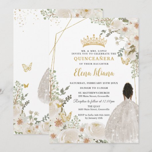 White Ivory Floral Brown Princess Gold Quinceanera Kaart (Voorkant / Achterkant)