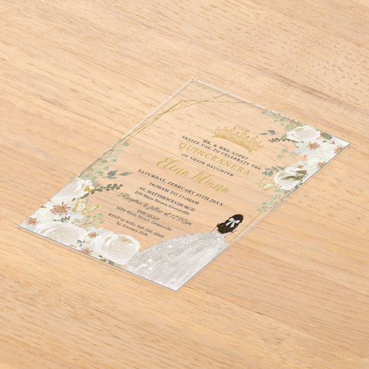 White Ivory Floral Princess Gold Quinceanera 15 XV Acryl Uitnodigingen (Laagn)