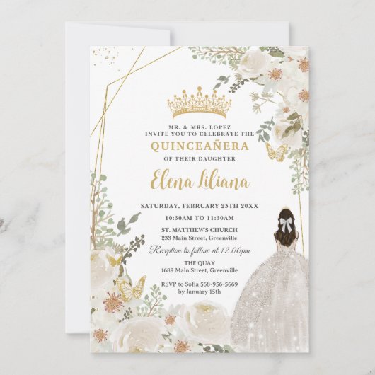 White Ivory Floral Princess Gold Quinceanera 15 XV Kaart (Voorkant)