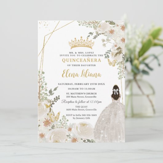 White Ivory Floral Princess Gold Quinceanera 15 XV Kaart (Staand voorkant)