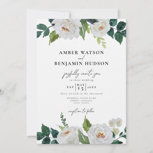 White Ivory Green Leaves Floral Foliage Wedding Kaart (Voorkant)