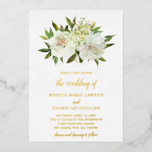 White Ivory Neutral Floral Wedding Gold Folie Uitnodiging