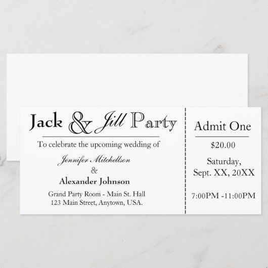 White Jack en Jill Shower Ticket Invitation (Voorkant / Achterkant)