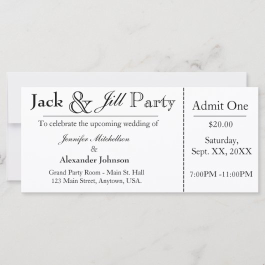 White Jack en Jill Shower Ticket Invitation (Voorkant)