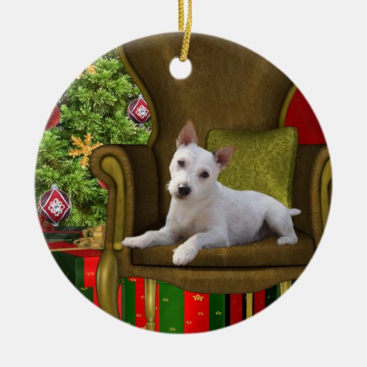 White Jack Russell Kerstmis Keramisch Ornament (Voorkant)