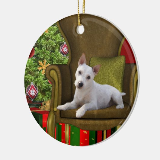 White Jack Russell Kerstmis Keramisch Ornament (Links)