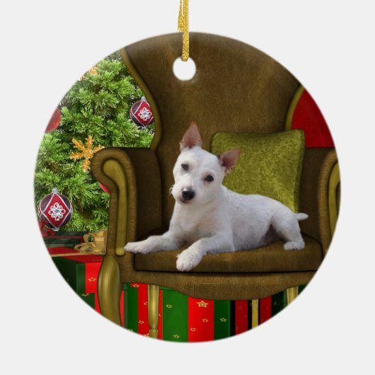 White Jack Russell Kerstmis Keramisch Ornament (Achterkant)