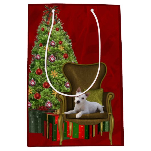 White Jack Russell Kerstmis Medium Cadeauzakje (Voorkant)
