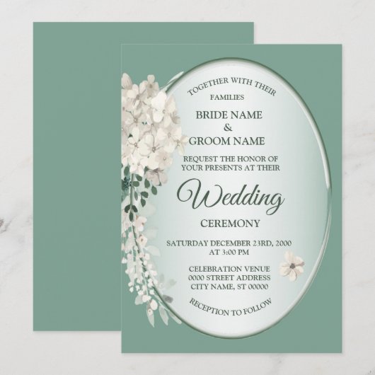 White Jasmine Floral Green Geometric Wedding Kaart (Voorkant / Achterkant)