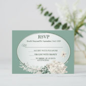 White Jasmine Floral Green Geometric Wedding Party RSVP Kaartje (Staand voorkant)