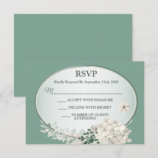 White Jasmine Floral Green Geometric Wedding Party RSVP Kaartje (Voorkant / Achterkant)