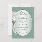 White Jasmine Floral Green Geometric Wedding Save The Date (Voorkant)