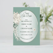 White Jasmine Floral Green Geometric Wedding Save The Date (Staand voorkant)