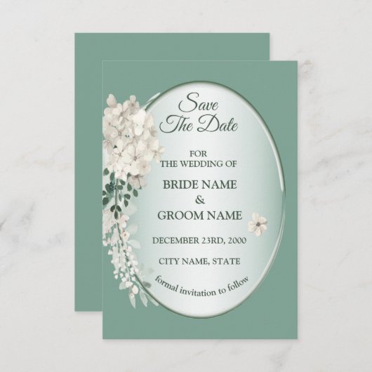 White Jasmine Floral Green Geometric Wedding Save The Date (Voorkant / Achterkant)