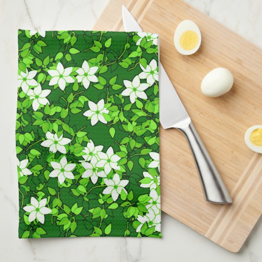 White Jasmine onder groene bladeren Theedoek (Quarter Fold)