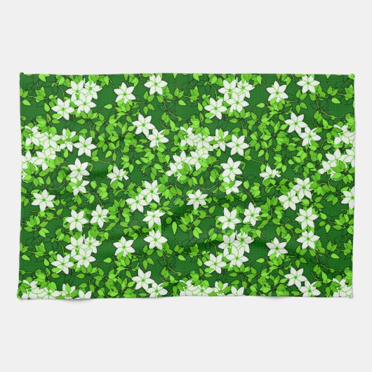 White Jasmine onder groene bladeren Theedoek (Horizontaal)