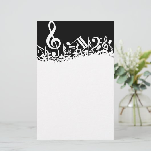White Jumked Musical Notes op zwart Briefpapier (Staand voorkant)