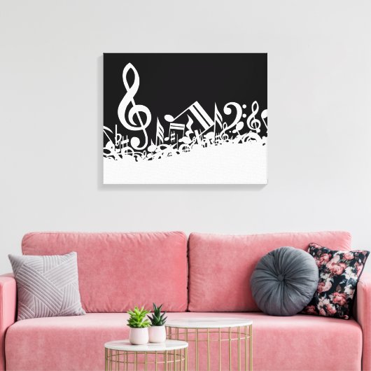White Jumked Musical Notes op zwart Canvas Afdruk (Insitu (Woonkamer))