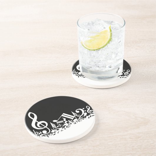 White Jumked Musical Notes op zwart Zandsteen Onderzetter (Zijkant)