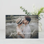 White Just Married Overlay Cursive Script Foto Aankondiging (Staand voorkant)